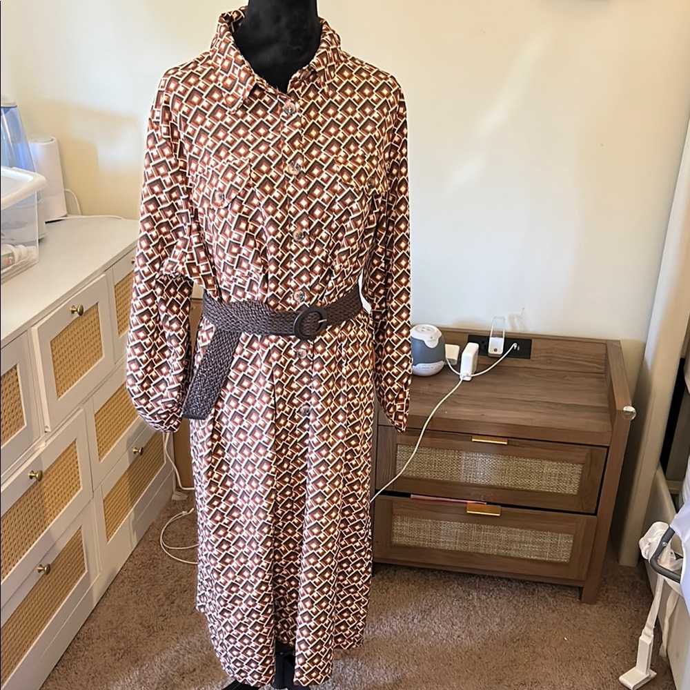 Geometric Print Belted Dress